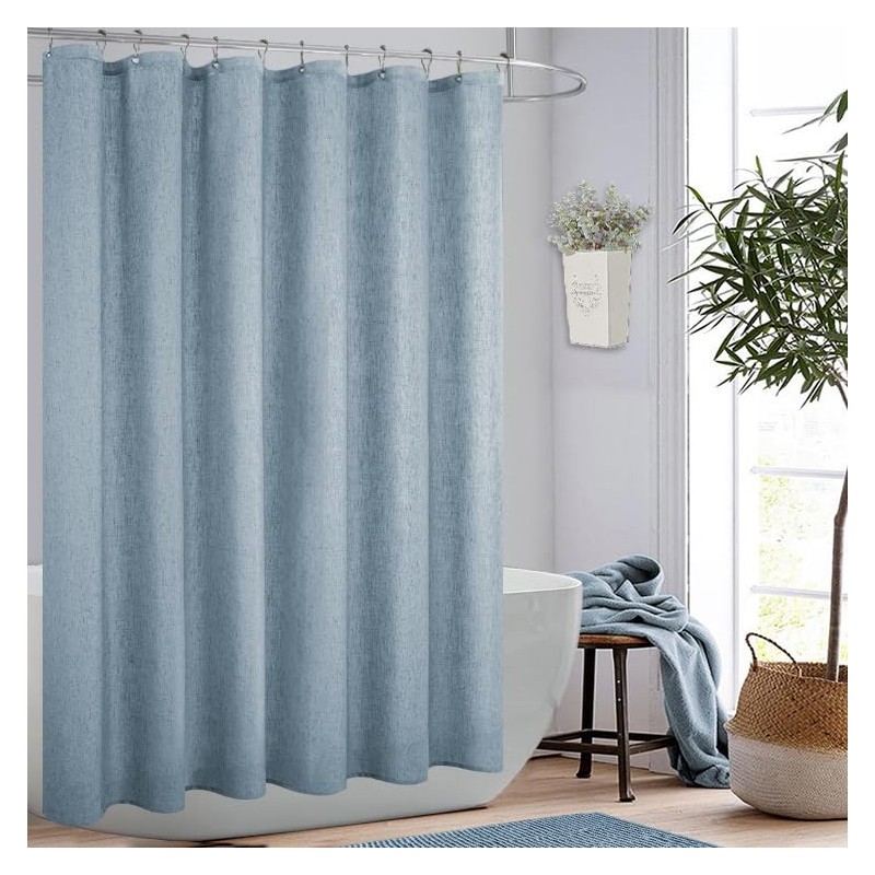 KOUFALL Stone Blue Waterproof Linen Fabric Shower Curtain for Bathroom