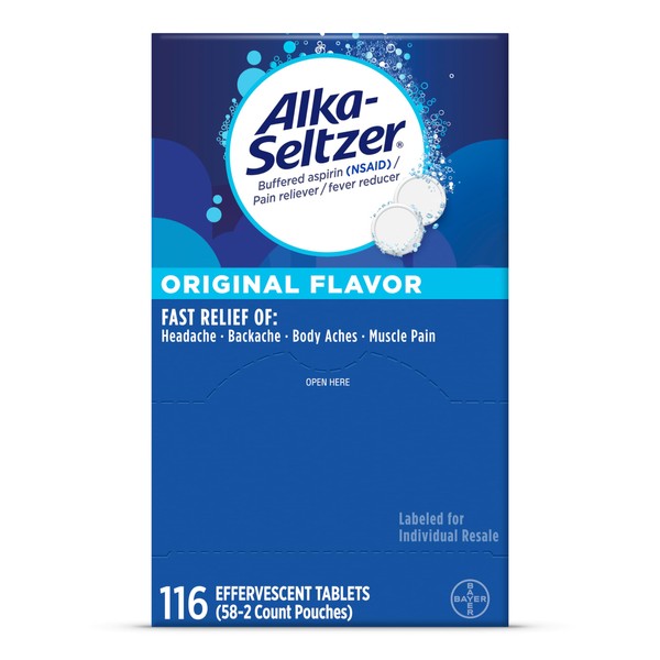 Alka-Seltzer Effervescent Tablets Original Flavor, Fast Multi-Symptom Relief from Headache and Body Ache, Dissolvable Effervescent Fizzy Tablets, Pain Relief Dispenser Pack, 116 Ct