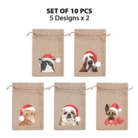 WIRESTER Set of 10 Christmas Burlap Gift Bags, Linen Fabric Christmas Treat Candy Bags for Holiday Party Favor - Dog Cat With Christmas Hat (German Shepherd, Basset Hound, Bulldog, Tuxedo, Tabby Cat)