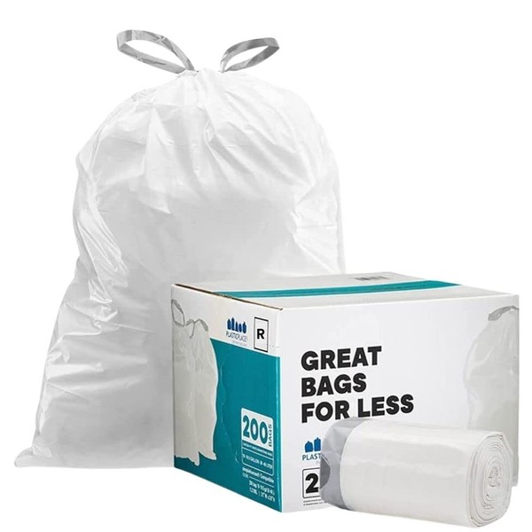 Plasticplace Trash Bags simplehuman (x) Code R Compatible (200 Count) │ White Drawstring Garbage Liners 2.6 Gallon / 10 Liter │ 16.5" x 18"