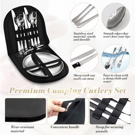 12Pcs Portable Camping Cutlery Set, Stainless Steel Picnic Utensils with Plates and Bottle Opener, Portable Cooking Utensils for 2, for Camping, Picnic, Outdoor Hiking
