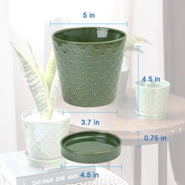 BUYMAX Plant Pots Indoor –5 inch Ceramic Flower Pot with Drainage Hole and Ceramic Tray - Gardening Home Desktop Office Windowsill Decoration Gift, Set of 4-Plants NOT Included (Patina)