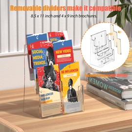 FUCDTEFC Acrylic Brochure Holder 8.5x11 & 4 x9 Inches, Clear 3 Tier Magazine Holder Brochure Display Stand w Removable Divider, Literature Pamphlet Flyer Holder for Wall Mount or Countertop