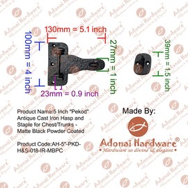 Adonai Hardware 5 Inch "Pekod" Antique Cast Iron Hasp and Staple for Chest/Trunks - Matte Black Powder Coated