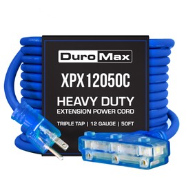 DuroMax XPX12050C Heavy Duty SJEOOW 50-Foot 12 Gauge Blue Triple Tap Lighted Extension Power Cord