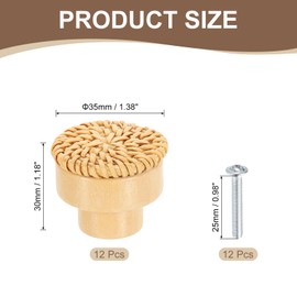 sourcing map 12 Pack Rattan Dresser Knobs, 1.38" Handmade Wicker Woven Drawer Knobs Round Beech Wood Cabinet Knobs with Screws for Furniture Wardrobe Cupboard, Brown