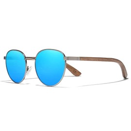 KINGSEVEN Walnut Wood Round Sunglasses Men Women Polarised Mirrored Stylish Retro Glasses W5519, W5519-blue