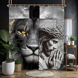 Miyotaa Lion God Cross Shower Curtain Set 60Wx71H Inches Man Wildlife Animal Christian Religious Bless Polyester Waterproof Cloth Bathroom Curtain with 12 Hooks