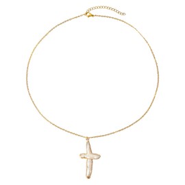 Mikovivi Pearl Cross Necklace, Freshwater Pearls Necklace Baroque Pearl Necklace Chunky Cross Pearl Necklace Cross Chain for Women Girl (Gold)