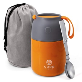 Insulated Food Flask - 530ml Stainless Steel Jar for Hot and Cold Meals – Double-Wall Insulation, Thermal Food Container for School, Office, Travel, Camping - Foldable Spoon, Bag - Orange - 17.9 oz