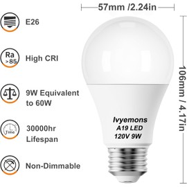 Ivyemons A19 LED Light Bulb 3000K Warm White, 6 Pack high Output A19 LED Bulb Soft White 800LM 120V 9W, Equivalent 60W, No Flicker E26 Base, Non-Dimmable A19 E26 LED Bulb Long Lasting for 25 Years.