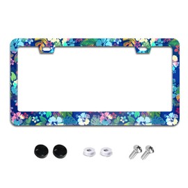 Tropical Blue Pink Hibiscus Flowers License Plate Frame Floral License Plate Frames Aluminum Car Accessories Cover with 2 Holes and Screws 12 x 6 Inch for Front Rear Car Plate Decor for Women Men
