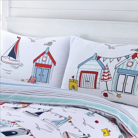 Velosso Nautical Seaside Boats Beach Hut Sail Reversible Duvet Cover & Pillowcase Bedding Set (Single)