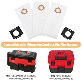 6-Pack 49-90-2016 Fleece Dust Bags Compatible with Milwaukee 0960-20 & 0970-20 Cordless Wet/Dry Packout Vacuums + 2 Pack Attachable Bag Holder （6 Bags 2 Holders)