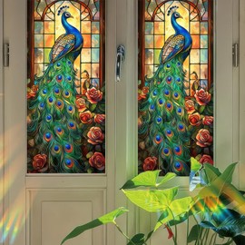 HOMETITUTE Stained Glass Window Film 17.7x39.3 inch Floral Rose Peacock Window Privacy Film Stained Decals Static Cling Sun Blocking Decor for Home Office Windows Door Glass Partitions