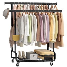 SONGMICS Clothes Rack, Heavy-Duty Rolling Clothing Garment Rack with Wheels, Extendable Double Hanging Rods and Adjustable Height, Portable, with Shelf and Hooks, Ink Black UHSR015B01