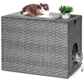 Cat Litter Box Enclosure with Litter Trapping Mat; Handwoven Plastic Rattan Cat House; No Installation Hidden Cat Washroom; Pet Crate for Balcony,Bedroom,Living Room