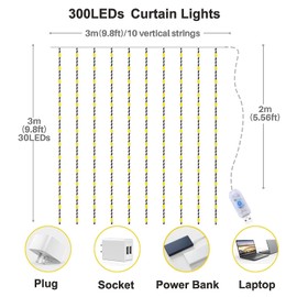 Yizhet Yizhet 3x3m USB Lichtervorhang fr Innenbereich, 300 LEDs, 8 Modi, Timer, Fernbedienung, IP65 Wasserdicht fr Weihnachten, Fensterdekoration (Warmwei?)