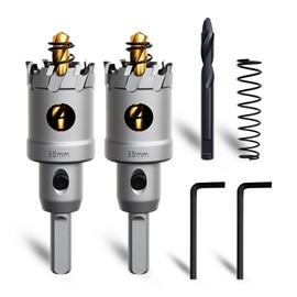 METOTY 2PCS 1-3/8''(35mm) Metal Hole Saw,Heavy Duty Tungsten Carbide Tipped Hole Cutters Set with a nitrided Step Drill and L-flench, for Steel Iron,Aluminum,Stainless stell,Plastic​