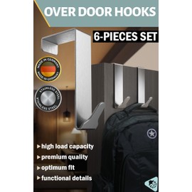 Menz Premium Over Door Hanger – Set of 6 Stainless Steel Coat Hooks 46mm with Anti-Slip and Felt Pads, Sturdy Over Door Hook Hanger Türhaken Edelstahl_ 6er Set UK