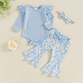 Geagodelia Newborn Baby Girl Spring Fall Outfit Clothes Long Sleeve Ruffled Romper Top Daisy Print Flared Trouser Headband Set (Blue, 3-6 Months)