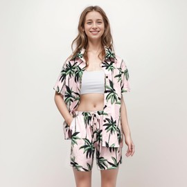 IFFEI Family Matching Outfits Hawaiian Plant Printed Shirt and Shorts Womens Mens Kids Loungewear Blouse Set with Pockets Women M Pink