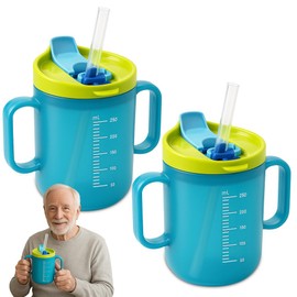 HOVCEH 2 PCS Elderly Spill Proof Cups, 280 ml Unspillable Cup with 2 Handles, Elderly Drinking Cup, Feeding Cup Drinking Cup with Lid and Straw, Adult Sippy Cups for The Elderly Non Spill (Blue)