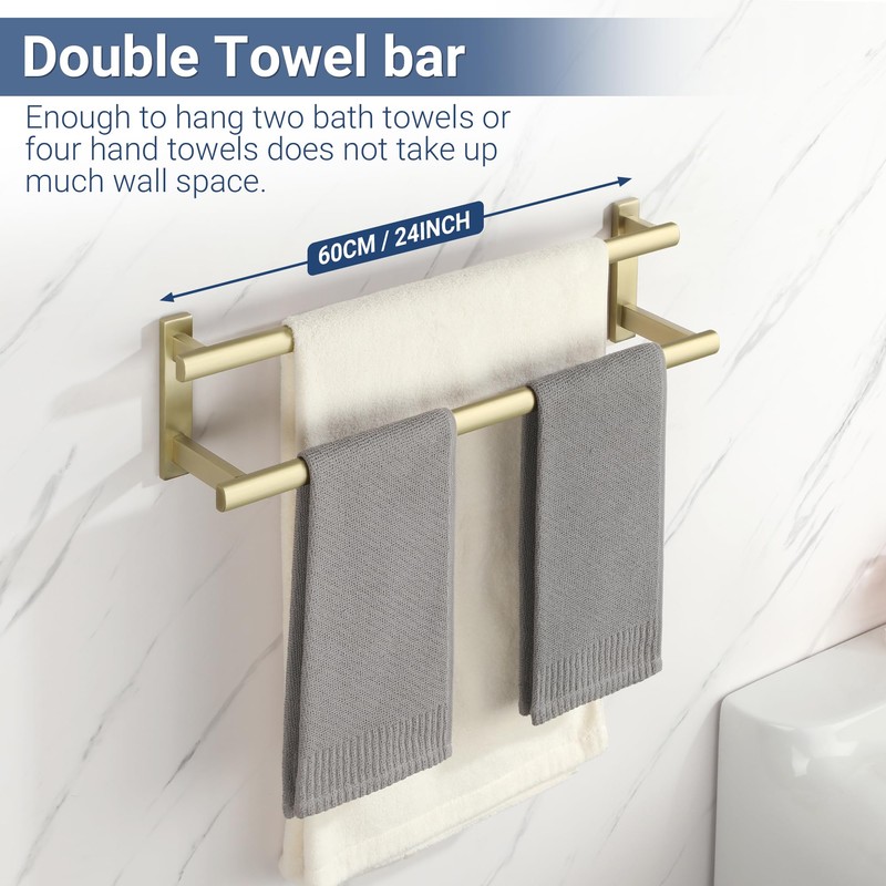 SAYAYO Double Towel Bar for Bathroom, 24 Inch Brushed Gold
