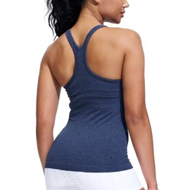 Seamless Ribbed Workout Yoga Racerback Tank Top for Women with Built in Shelf Bra Heather-Blue S