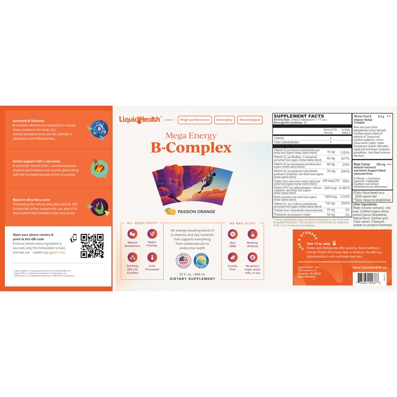 LIQUIDHEALTH Mega Energy Methylated B-Complex, Adult Liquid Vitamin Supplement -