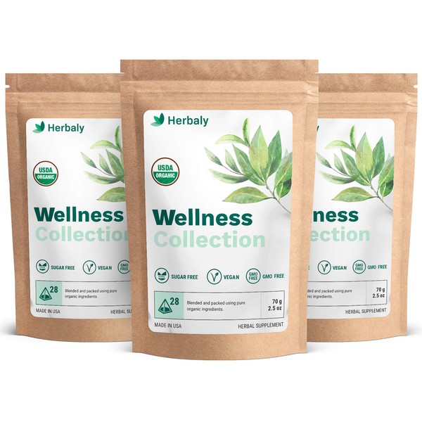 Herbaly Wellness Collection Tea - 8 Active Herbs - Improve General Health, Strengthen Immunity - Natural, Organic, Non-GMO, Vegan, Sugar Free - 3 Pack, 84 Pyramid Tea Bags