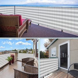 ECOOPTS 3'x92' Balcony Privacy Fence Screen with Zip Ties, Outdoor UV Protection Fence Cover for Balcony Porch Patio Deck Yard (Grey White Stripes)