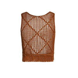 MakeMeChic Women's Cowboy Crochet Fringe Vest Vintage Hollow Out Tie Sleeveless Crop Knit Vest Brown Small