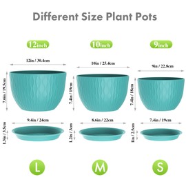 Meowell Large Plant Pots 12/10/9 inch, 3 Pack Big Flower Pots for Outdoor Indoor Plants with Water Ripples, Wide Plastic Planters with Drainage Holes and Saucers for Garden Home Decor, Blue Green