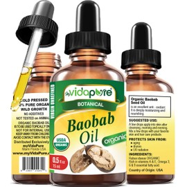 MYVIDAPURE Organic BAOBAB OIL Certified Organic 100% Natural Pure VIRGIN UNREFINED. 0.5 Fl.oz.- 15 ml. For Skin, Face, Hair, Lip and Nail Care