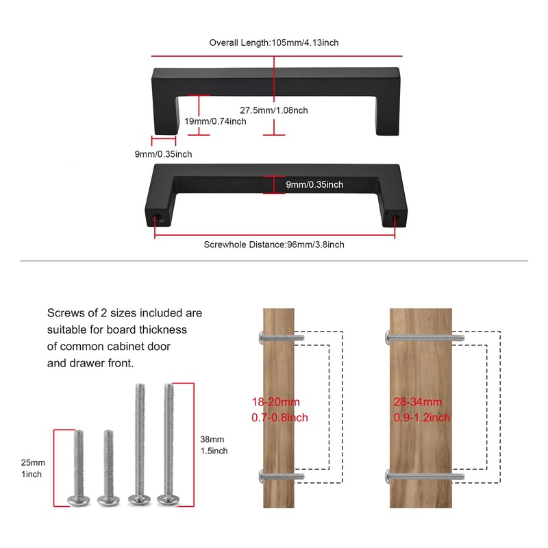 TUNNY 10 Pack Square Solid Cabinet Handles-3.8"/96mm Screw Spacing Matte