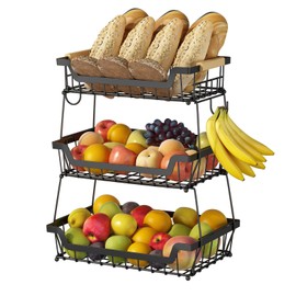 GILLAS 3 Tier Countertop Fruit Basket with 2 Banana Hangers for Kitchen, Detachable Metal Organizer for Bread Vegetable Fruits with Wooden Handle, Large Capacity Rectangular Storage Stand Bowls, Black