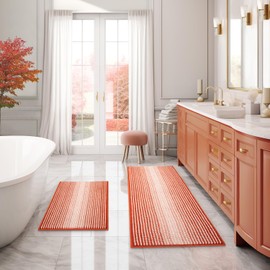 Bathroom Rugs and Mats Sets, 2 Piece Thick Absorbent Chenille Bath Mat Rug Set Non Slip, Soft Shaggy Bath Room Floor Mats for Bathroom, Machine Washable (Sunset Orange, 20" x 47" Plus 16" x 24")