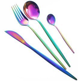 Dnalrhoi 24-Piece Korean Silverware Set Rainbow Forks and Spoons Set Cutlery Set Service for 6 Mirror Polished Stainless Steel Flatware Kitchen(Rainbow)