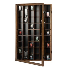 Sboitflmm Shot Glass Display Case - 46 Shot Glass Holder - Shot Glass Shelf Wall Mount Wooden Lockable with Removable Shelves for Collection Shot Glass UV Protection Acrylic Glass Door, Walnut