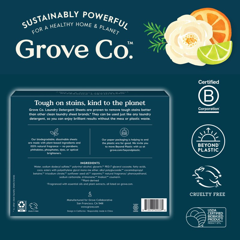 Grove Co. Laundry Detergent Sheets, Power Clean Dissolving Washer Sheets