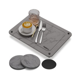 Stone Dish Drying Mat for Kitchen Counter 15.6'' x 11.7'' | Stainless-Steel Feet & 2 Coasters | Quick & Absorbent Stone drying mat | Diatomaceous Earth Mat for Kitchen Utensils & Bath Mat | Dark Grey