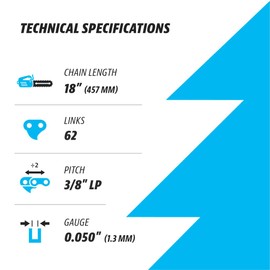 Premium 45 cm Chainsaw Chain 18 Inch 3/8 Inch LP .050 Inch 62TG Suitable for Husqvarna, Bosch, Mac Allister, Ryobi, Dolmar, Greenworks, Gardol and Many Other Models