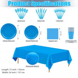 Rabbit Dance 168 Pieces Blue Disposable Tableware Party Supplies Set with Paper Plates, Napkins,Forks and tablecloth for Wedding, Birthday Party, Picnic, Barbecue- Serves 24