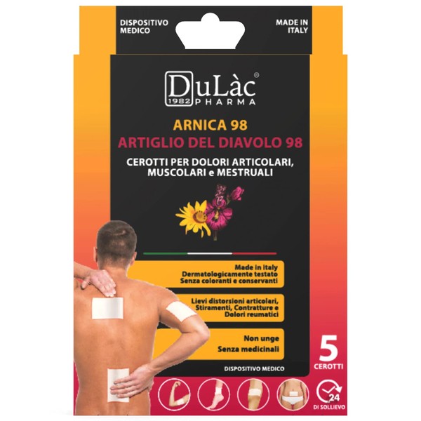 Pain Relief Plasters with Arnica and Devil's Claw Dulàc – 5 Plasters for Muscle, Joint, Strains, Contractures, Sprains – 24 Hours Relief Made in Italy