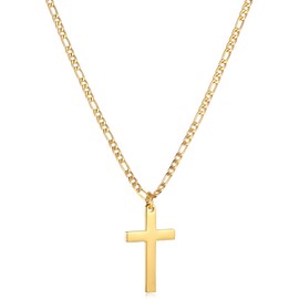 CaptainSteeL Cross Necklace for Men-Figaro Chain Stainless Steel/18k Gold Plated Plain Polishd Cross Pendant Necklace Simple Faith Jewelry Gift for Men Women 18-24 Inches