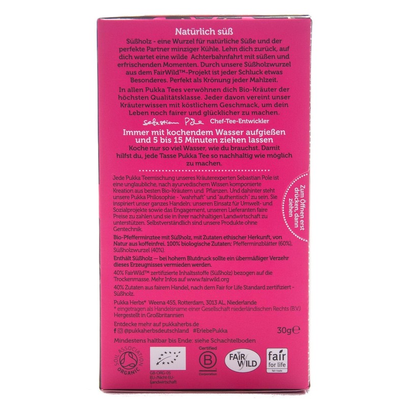 Pukka Bio Tee, Pfefferminz und Suessholz, 20 Beutel