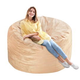 SIMFLAG 4Ft Bean Bag Chair, Memory Foam Filling Bean Bag Chairs with Velvet Cover, Removable and Machine Washable Cover, Giant Bean Bag Chair for Adult - Khaki