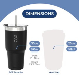 BOZ Tumbler - Tumbler with Lid and Straw - Insulated Tumbler Cup - Cups with Lid and Straw - Stainless Steel Tumbler - Thermal Cup Perfect for Hot and Cold Drinks - BPA Free (900 ml / 30oz, Black)