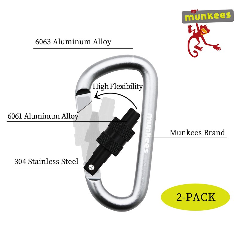 munkees 2-Pack D-Ring Carabiner with Lock , Caribeener Clips, Spring